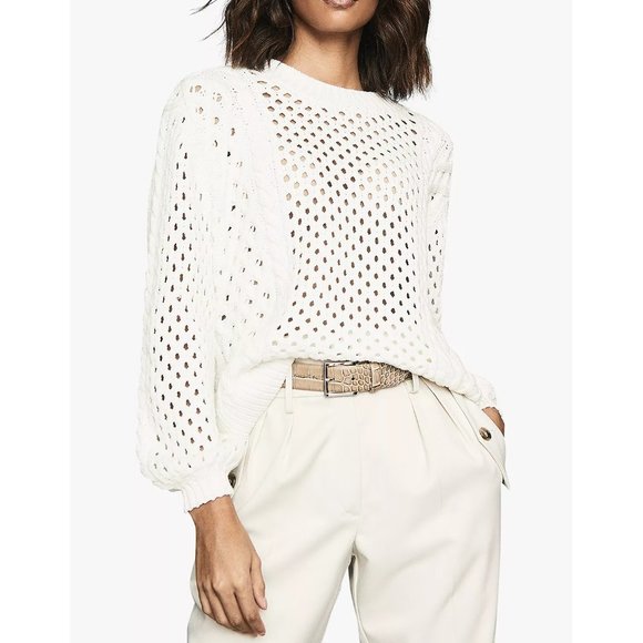Reiss Sweaters - Reiss Womens Cream Lauren Chunky Open Knit Cotton Blend Pullover Sweater M